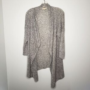 Eileen Fisher SZ L Grey Linen Open Asymmetrical Waterfall Cardigan 3/4 S…
